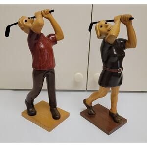 Alex Cramer Co Wooden Carving Statue Figures Male/Female Golfers Made in Italy